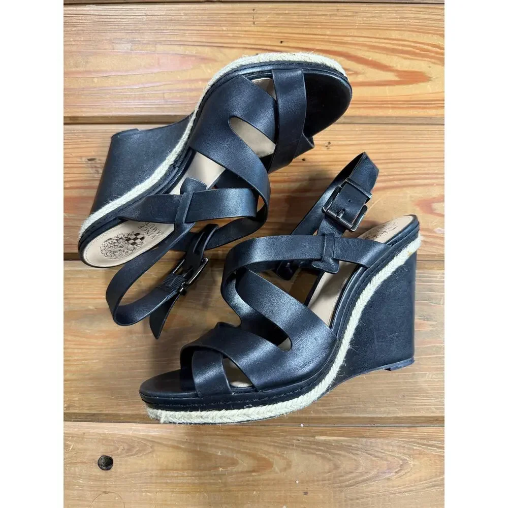 Vince Camuto Black Leather Espadrille Wedge Sandals Ankle Strap Women’s 7.5